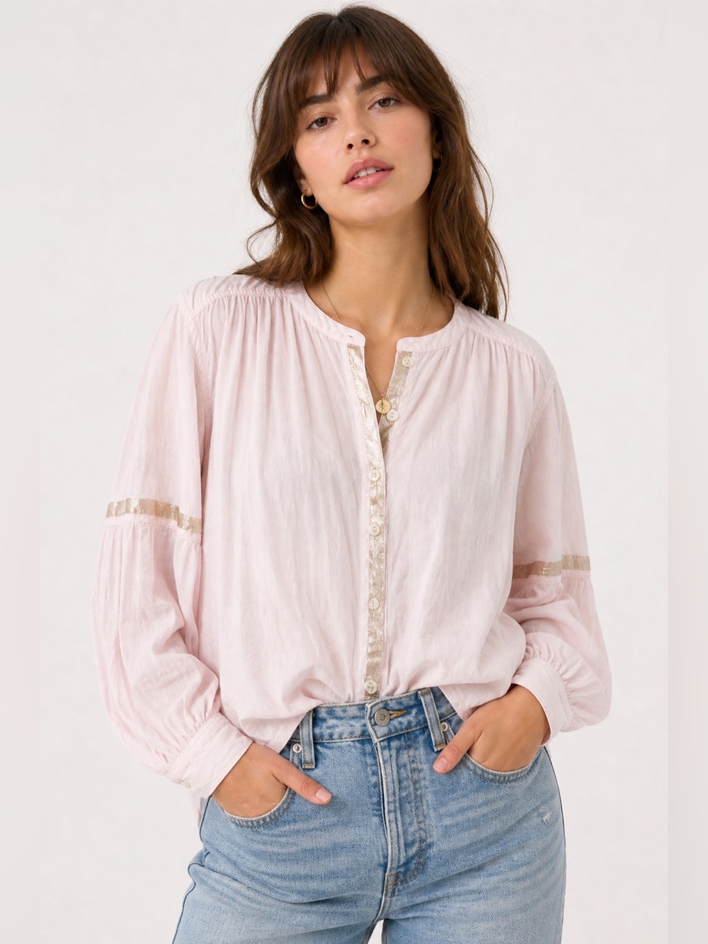 Free People Blush Pink Metallic Trim Button Down Blouse L Boho Cotton Top